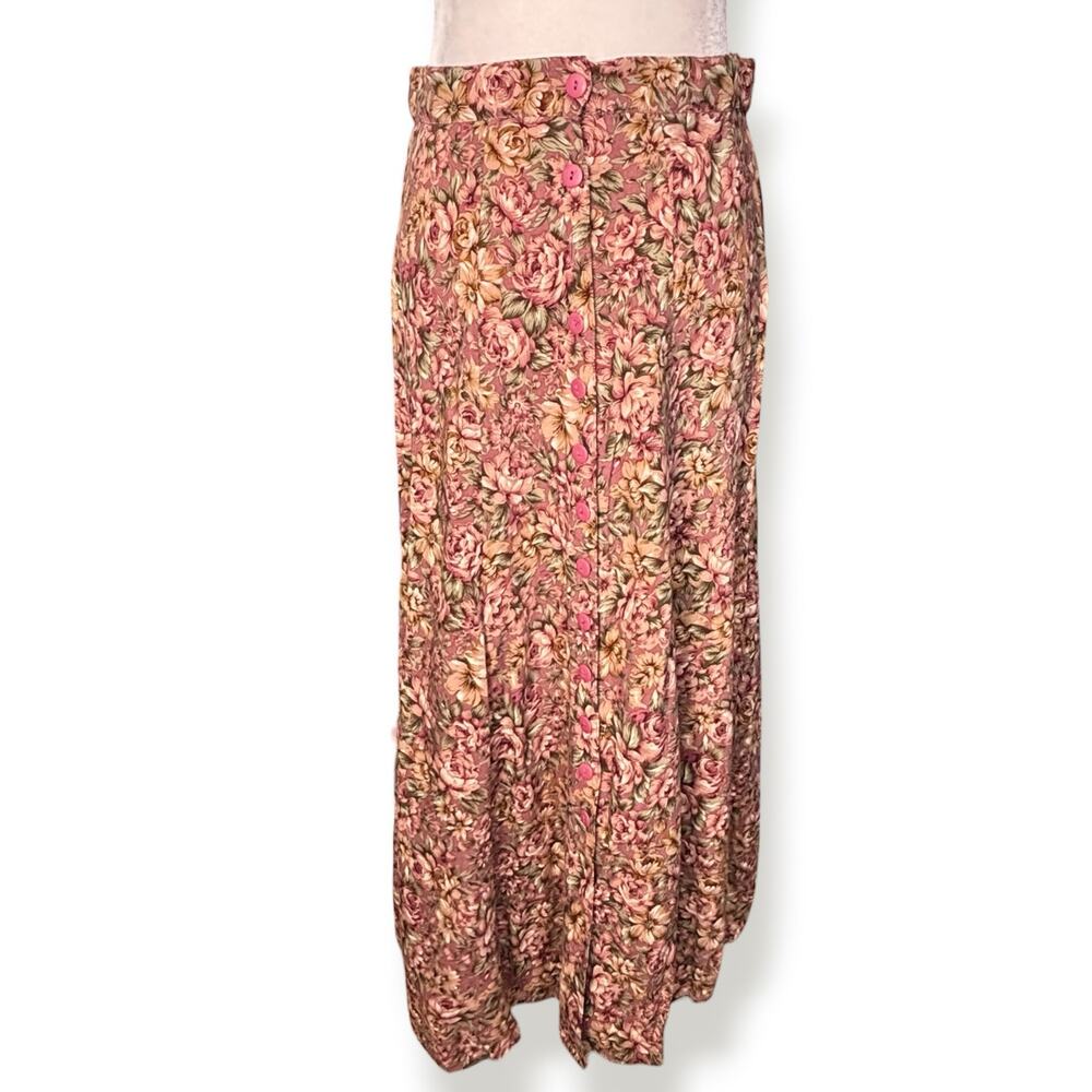 Vintage Floral Flowing Midi Skirt Pink Rose Print Button Front Cottage Romantic - Picture 11 of 11